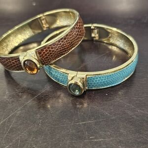 Faux Leather Metal Spring Layered Bracelet With Gem Stone Set Of 2